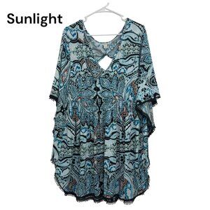 Swim by Cacique Blue Paisley Cover-Up Dress Size 18/20 Crochet Hem Keyhole Back